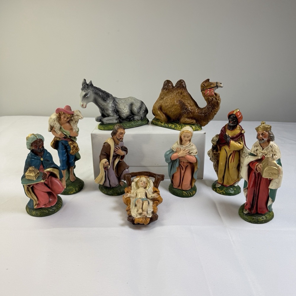 Nativity Set Hand Painted Paper Mache Vintage Set of 9 Figurines Italy Holiday